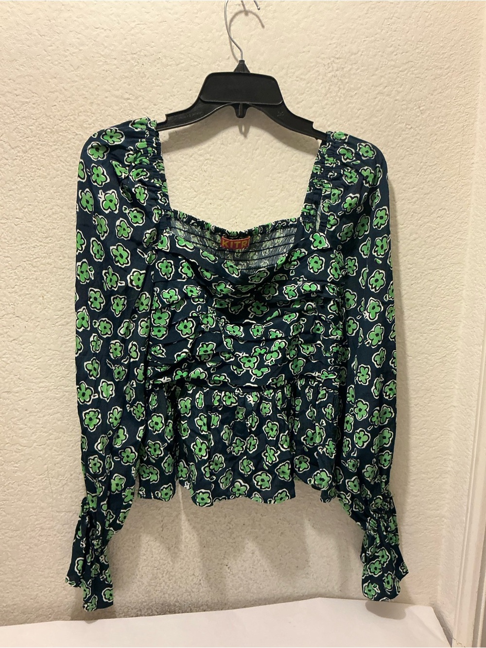 Kitri Square-Neck Floral Peplum Blouse in Navy and Green